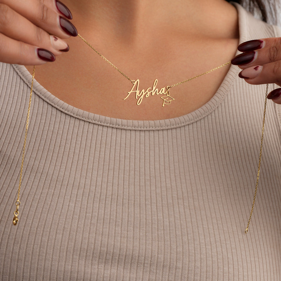 Graduation Name Necklace with Cap Charm 18k gold plated academic college