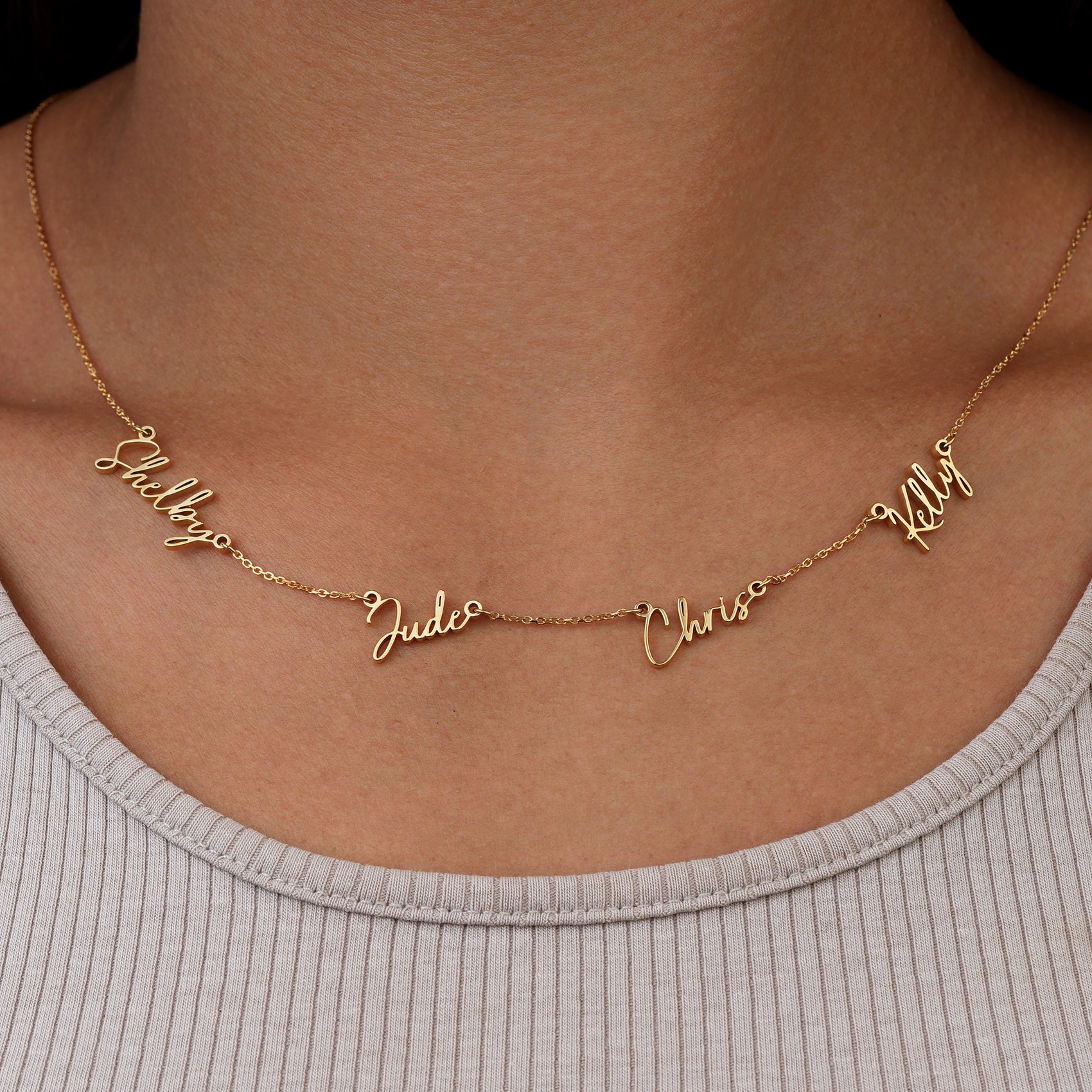 Personalised Quadruple Name Necklace 4 name gold multiple