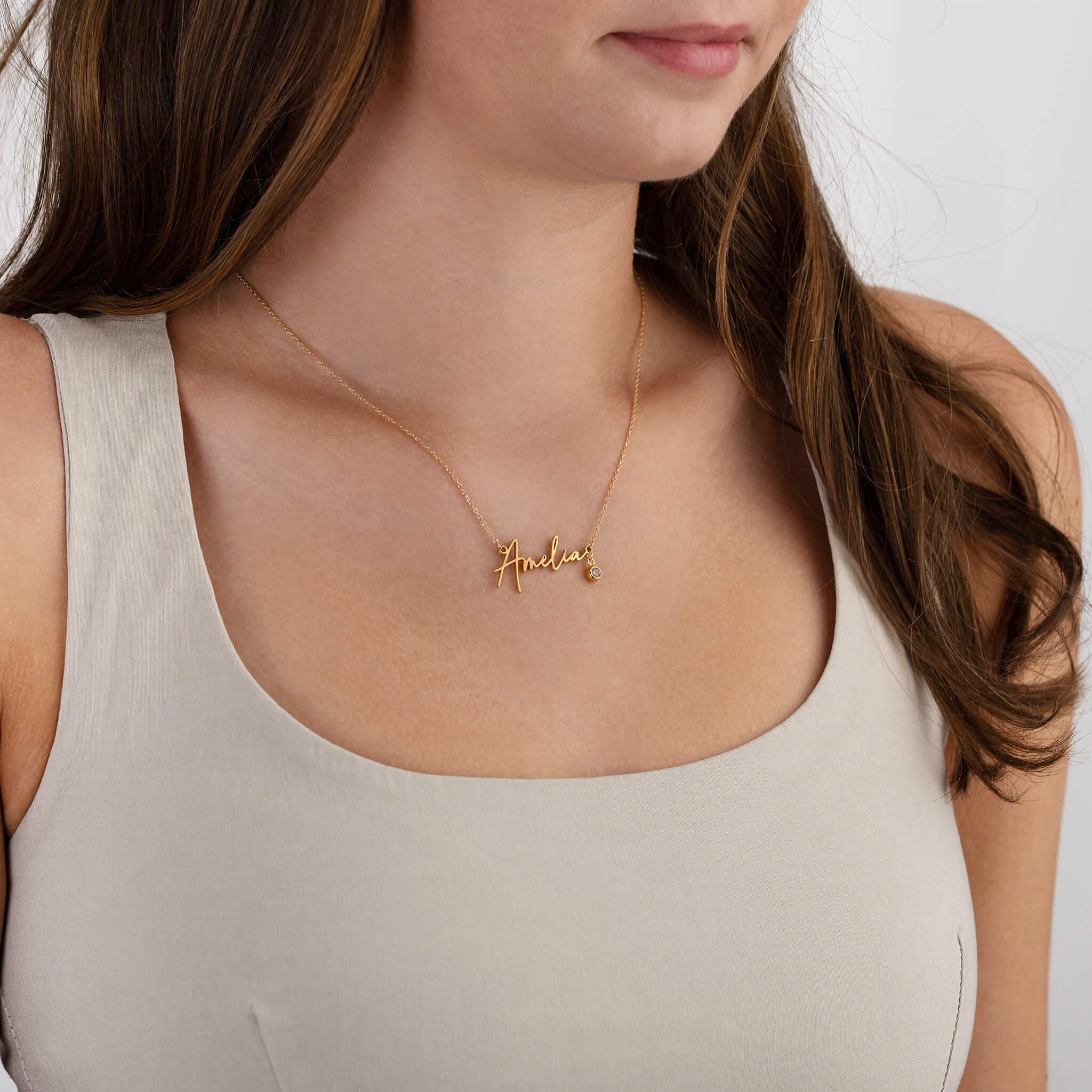 Personalised Name Necklace & Cubic Zirconia Birthstone 18k gold plated Gift gold