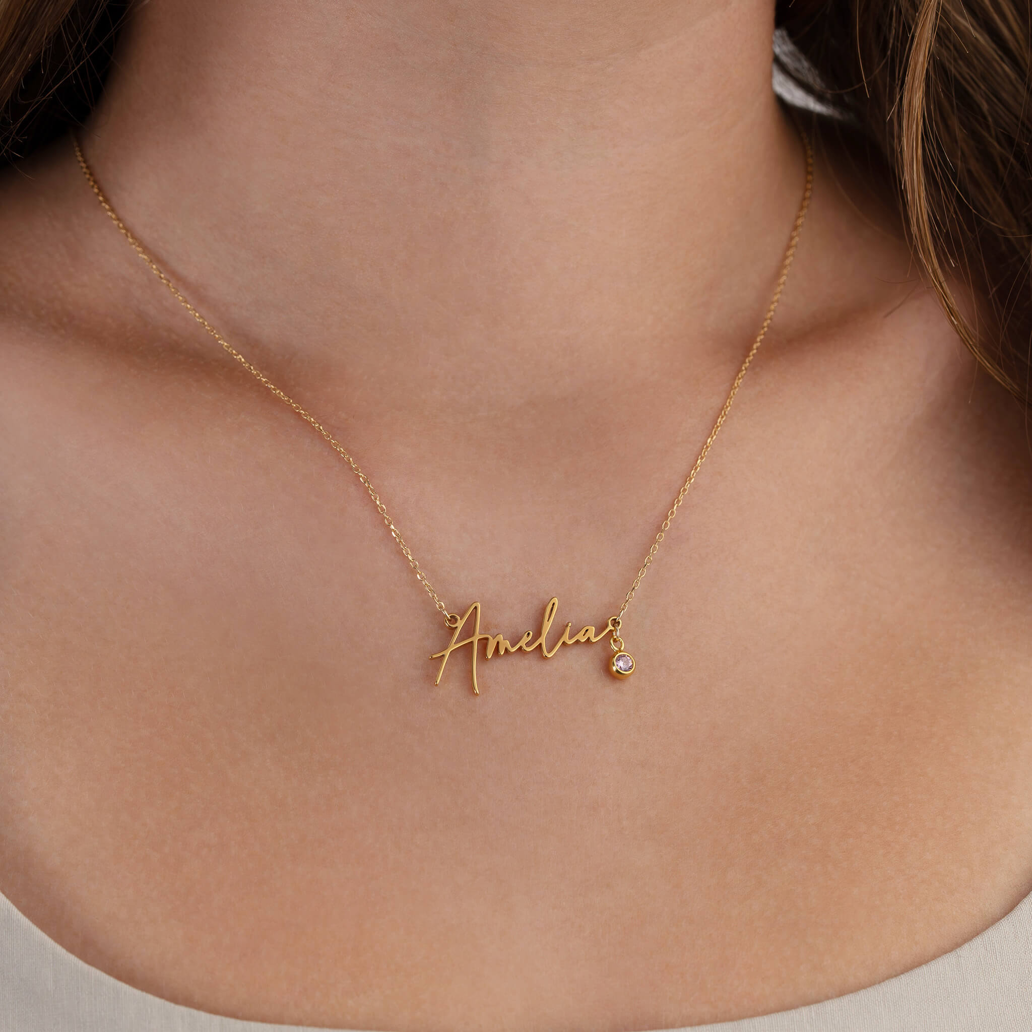 Personalised Name Necklace & Cubic Zirconia Birthstone 18k gold plated Gift gold
