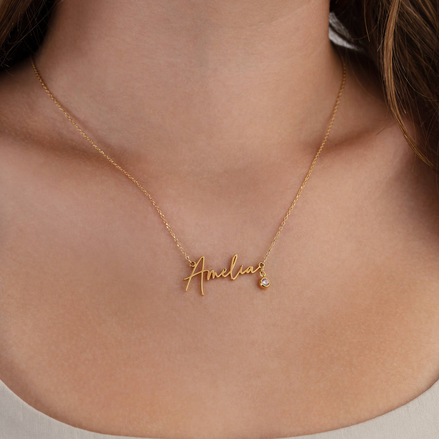 Personalised Name Necklace & Cubic Zirconia Birthstone 18k gold plated Gift gold