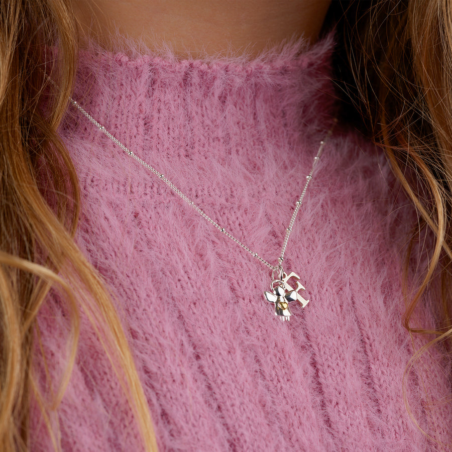 Kids Initial & Guardian Angel Charm Necklace children gift box kids