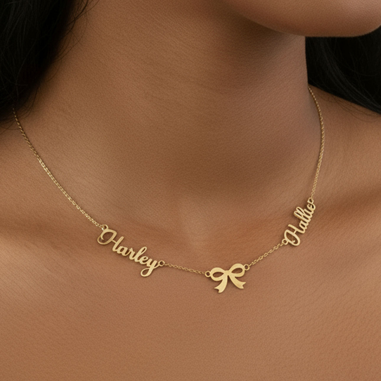 Double Name with Bow Necklace 18k gold plated jewellery Necklaces