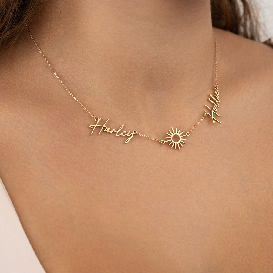 Double Name with Sun Necklace 18k gold plated jewellery Necklaces