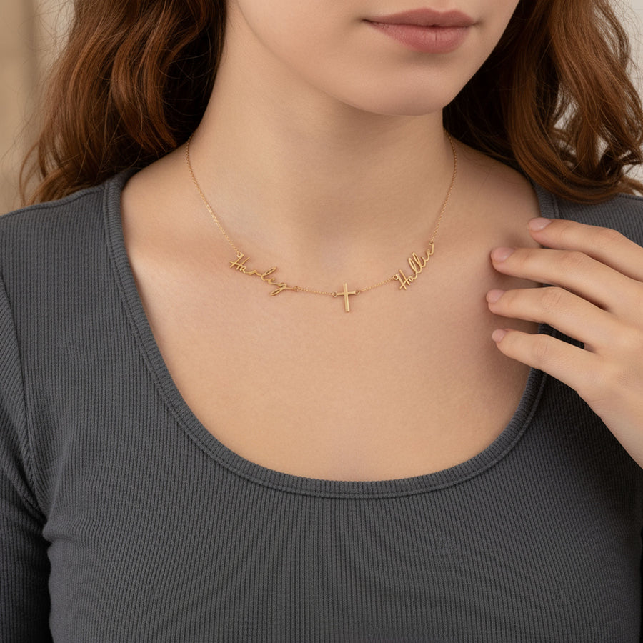 Double Name with Cross Necklace 18k gold plated jewellery Necklaces