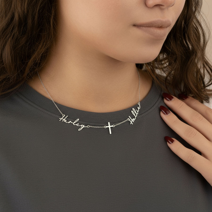 Double Name with Cross Necklace 18k gold plated jewellery Necklaces