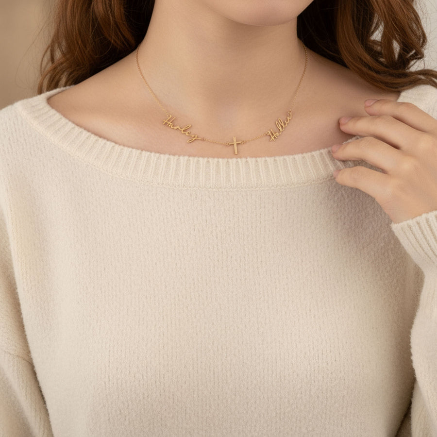 Double Name with Cross Necklace 18k gold plated jewellery Necklaces