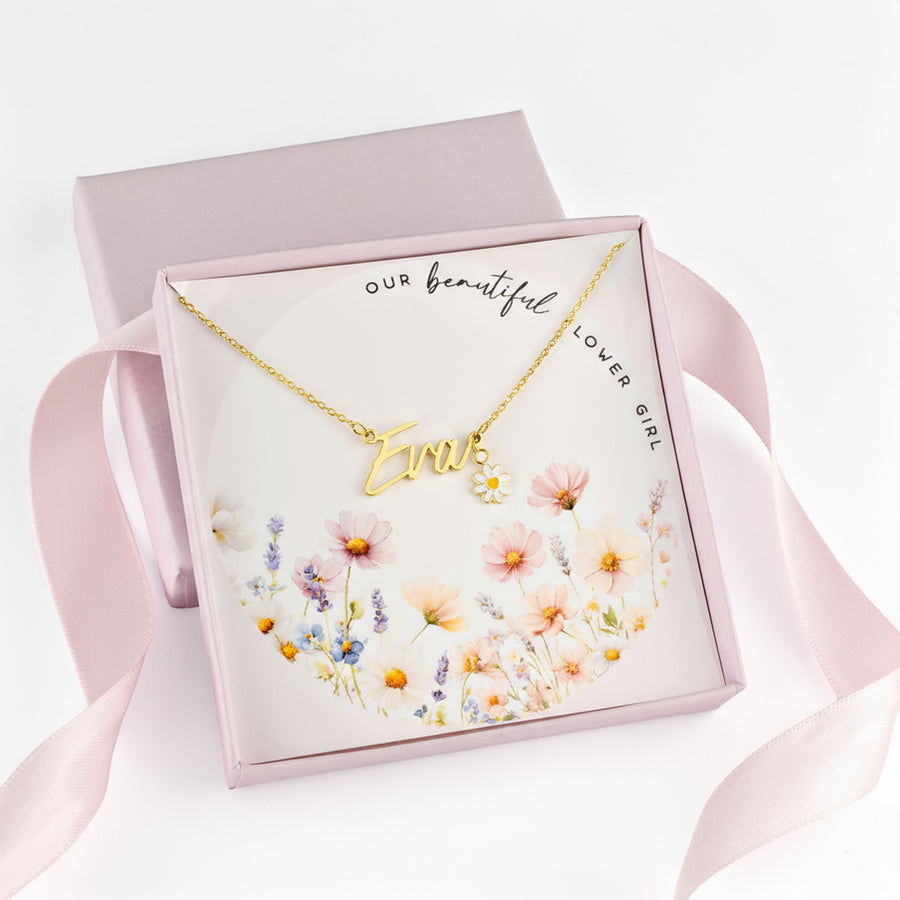 Kids Flower Girl Name Necklace with & Flower Charm children gift box kids