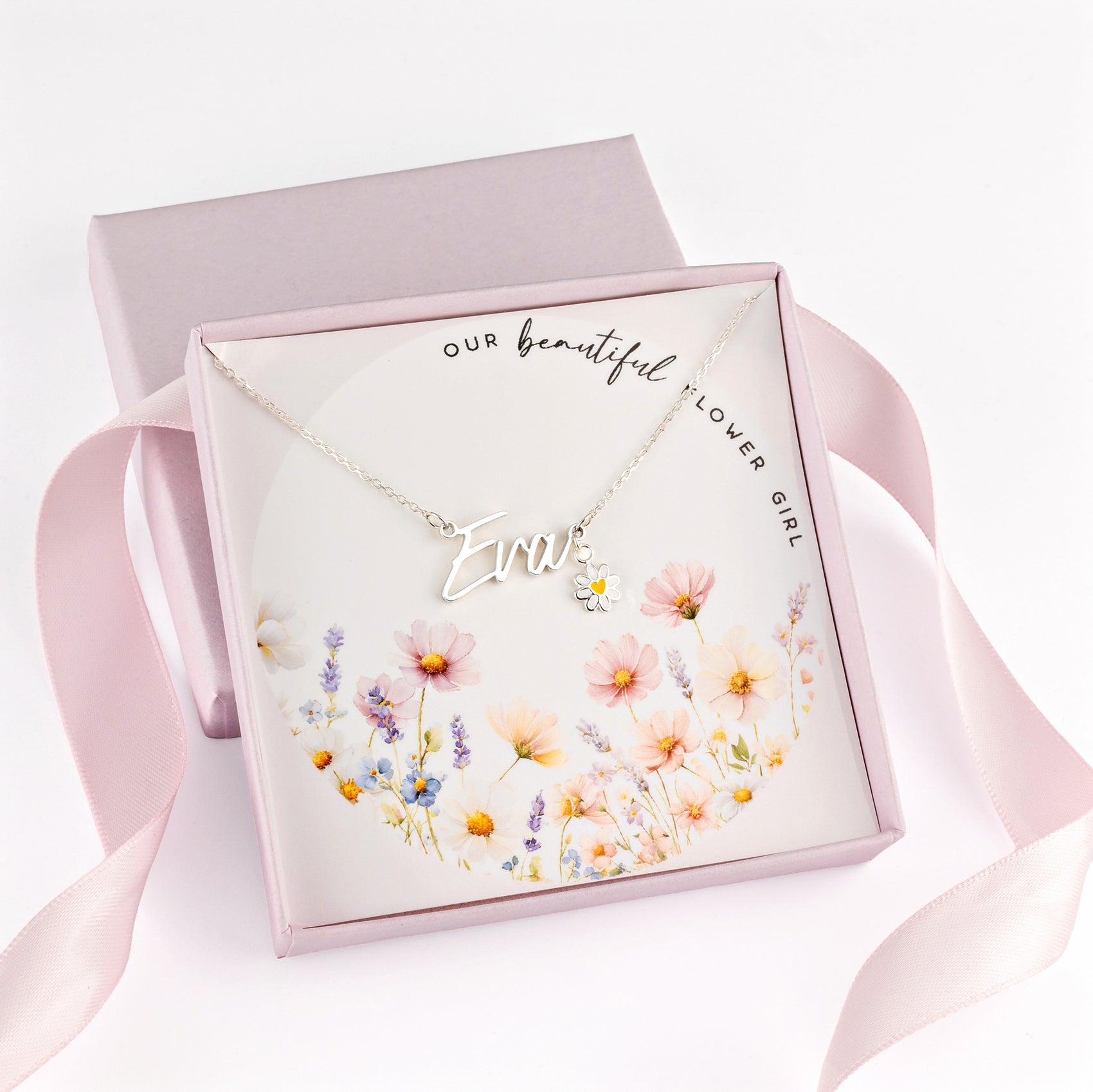Kids Flower Girl Name Necklace with & Flower Charm children gift box kids