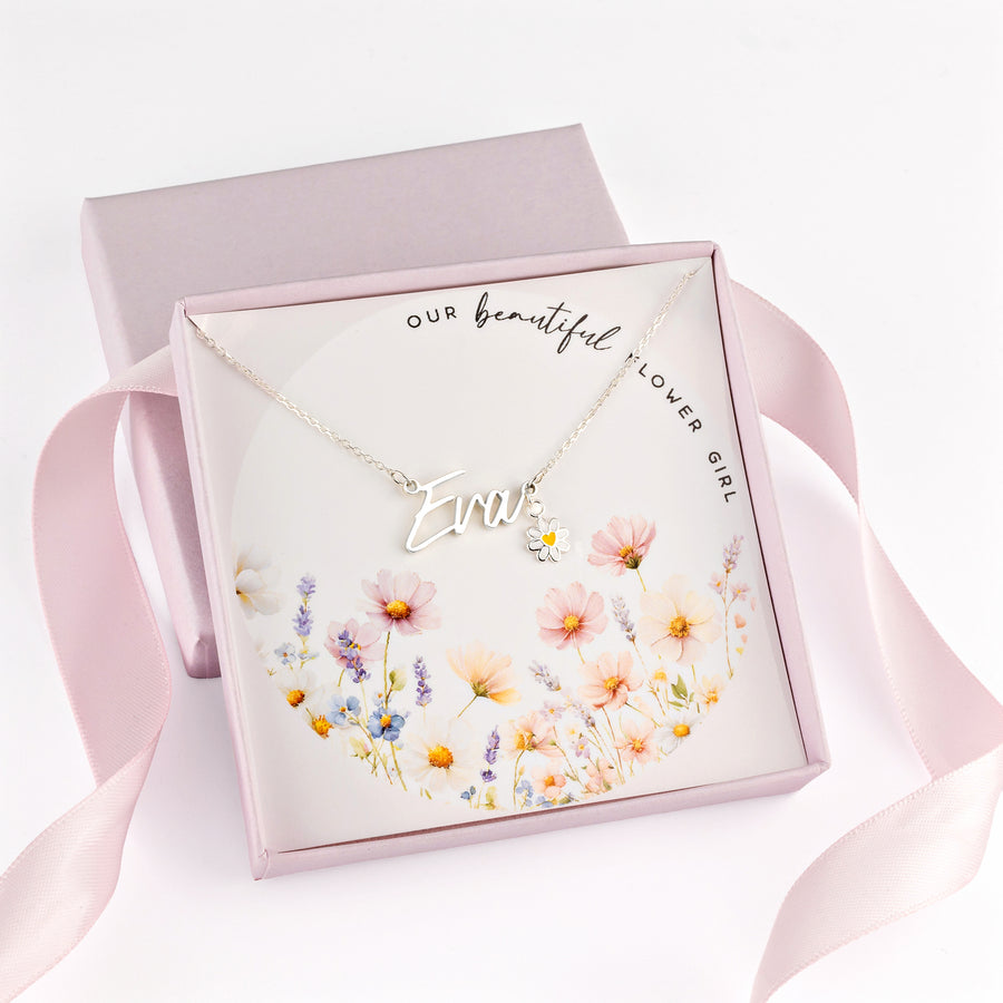 Kids Flower Girl Name Necklace with & Flower Charm children gift box kids