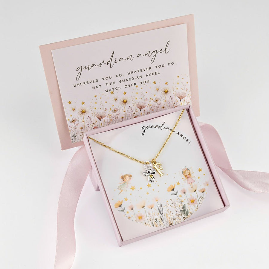 Kids Initial & Guardian Angel Charm Necklace children gift box kids