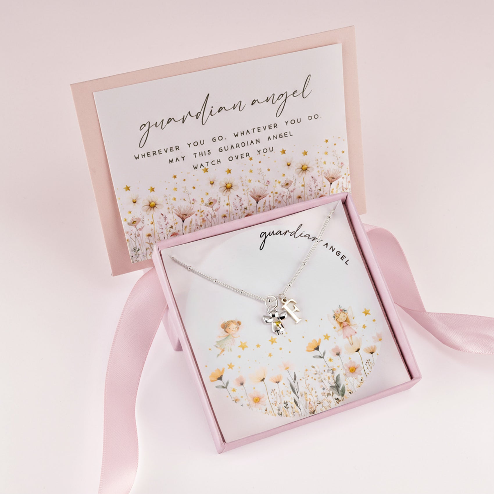 Kids Initial & Guardian Angel Charm Necklace children gift box kids