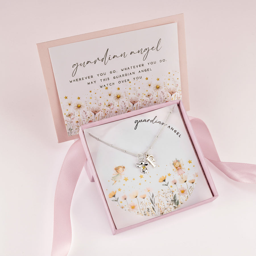 Kids Initial & Guardian Angel Charm Necklace children gift box kids