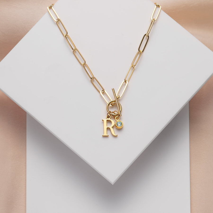 Initial Necklace with Oval Belcher T - bar Chain 18k gold plated Gift jewellery
