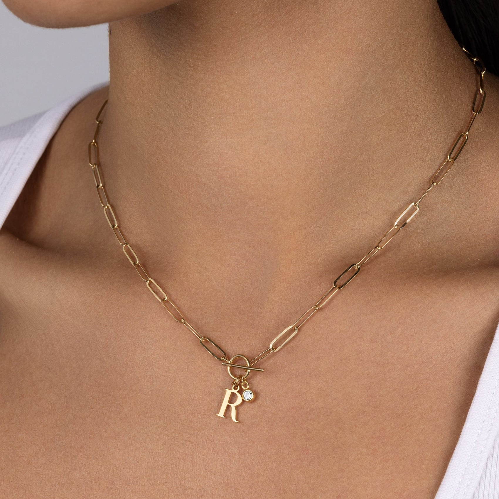 Initial Necklace with Oval Belcher T - bar Chain 18k gold plated Gift jewellery