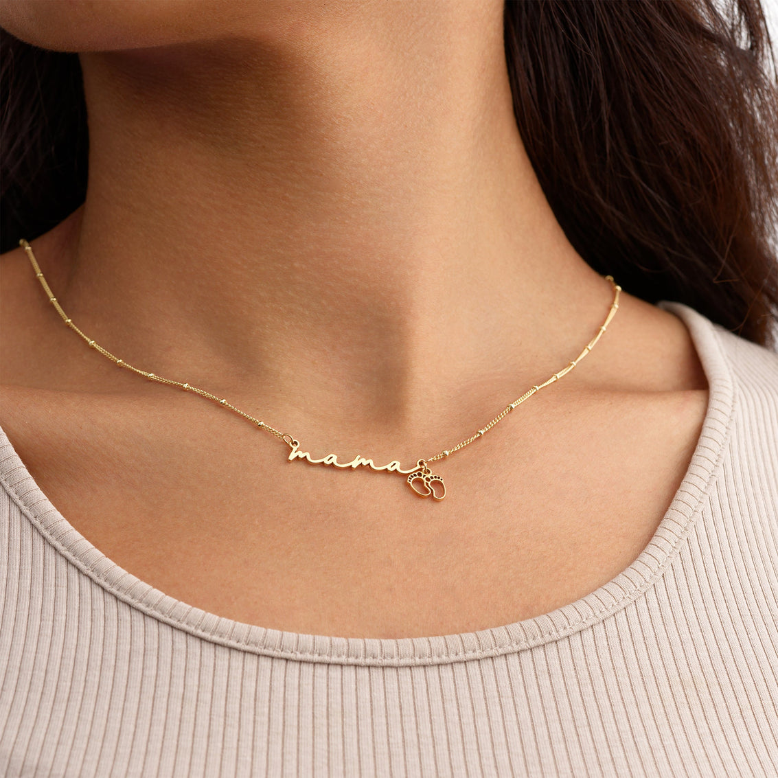 Mama Necklace with Baby Feet Charm 18k gold plated custom name necklace gold