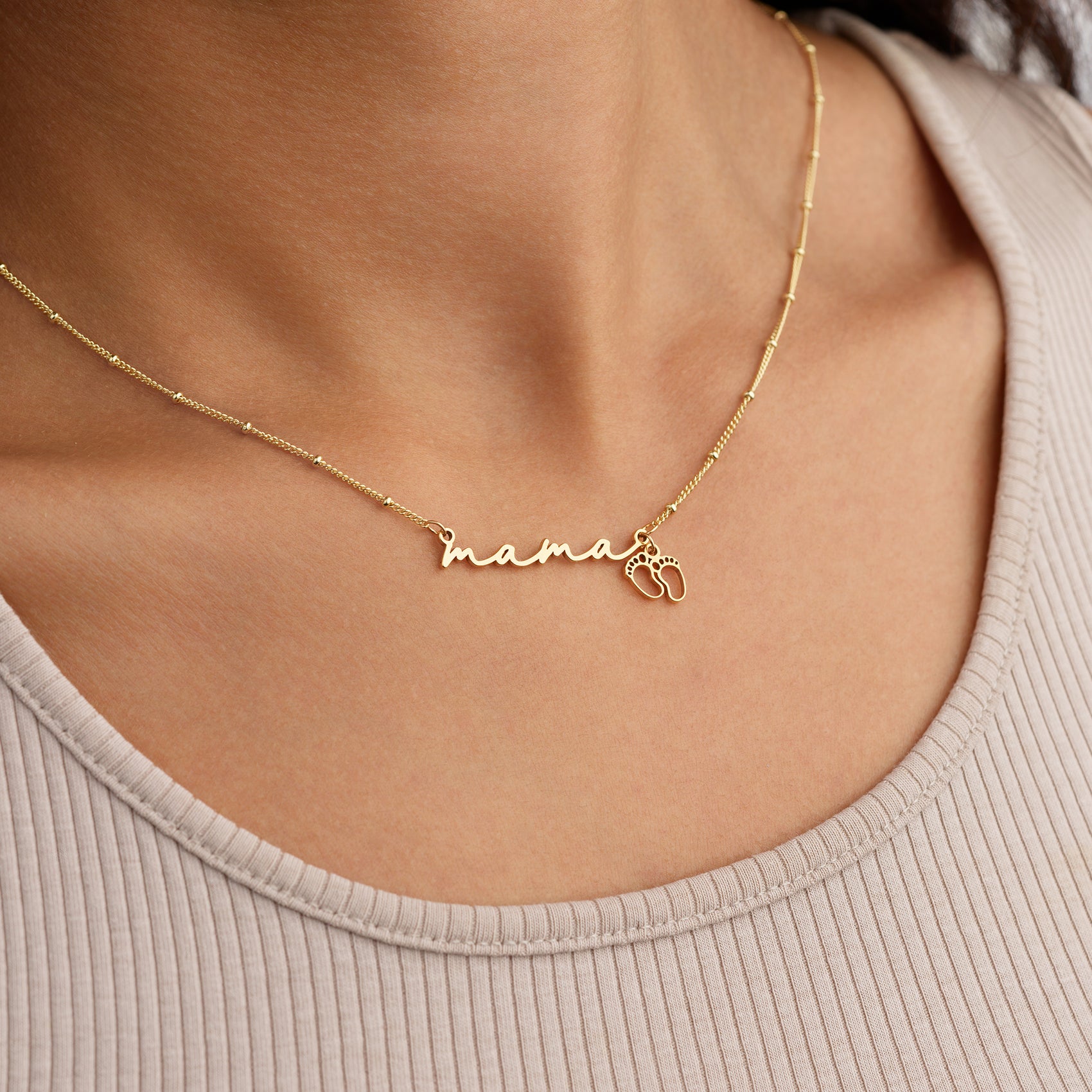 Mama Necklace with Baby Feet Charm 18k gold plated custom name necklace gold