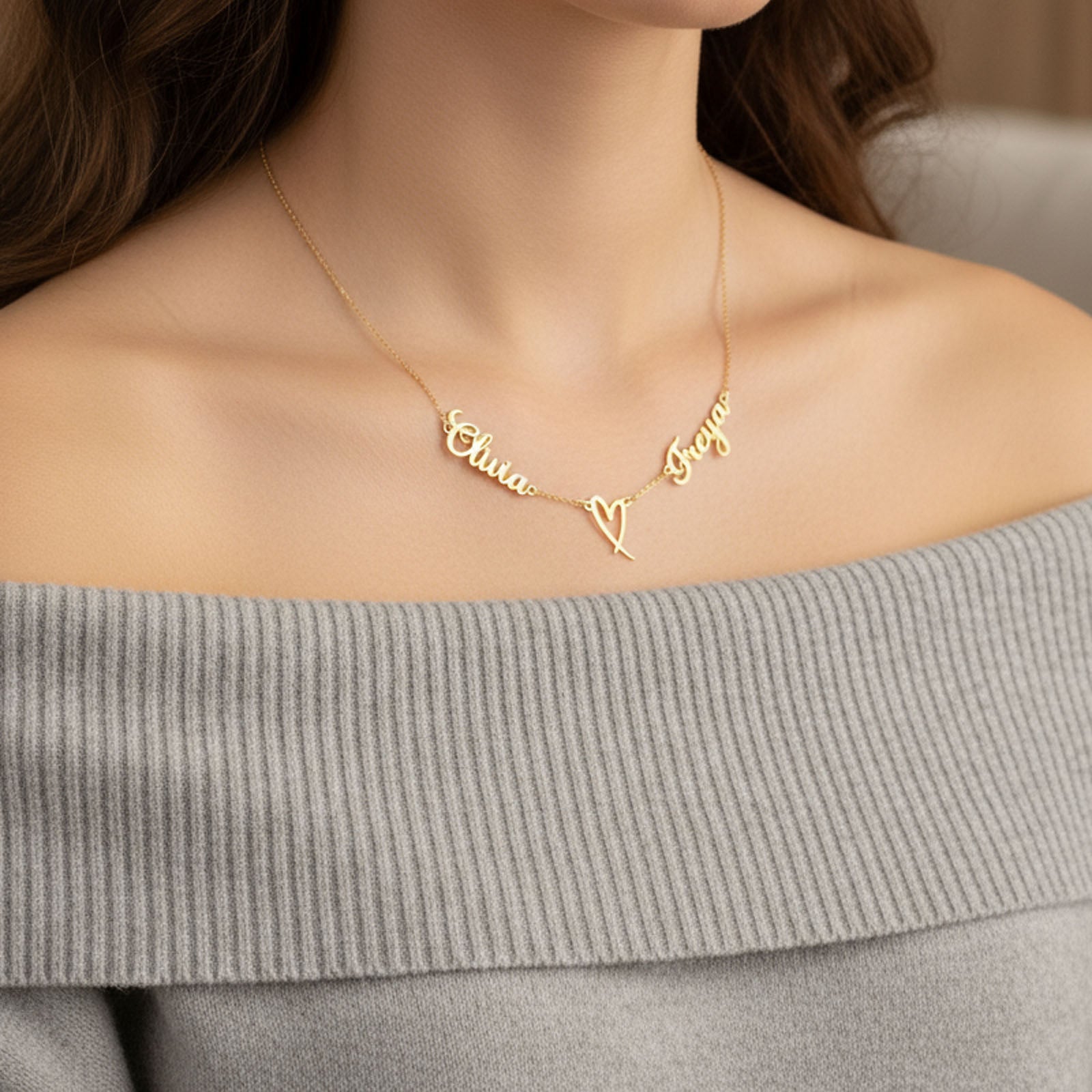 Double Name with Heart Necklace 18k gold plated jewellery Necklaces