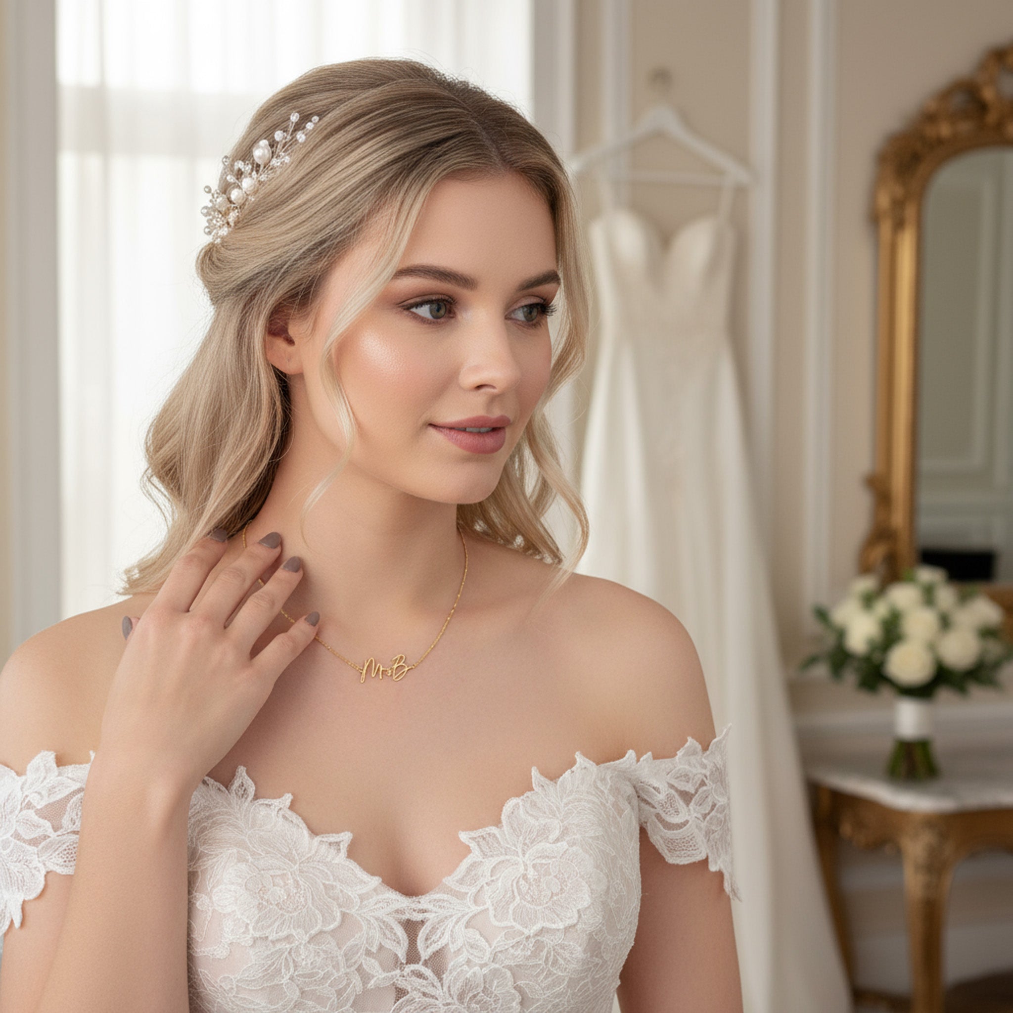 Woman wearing a gold necklace with a delicate setting in a bridal room.