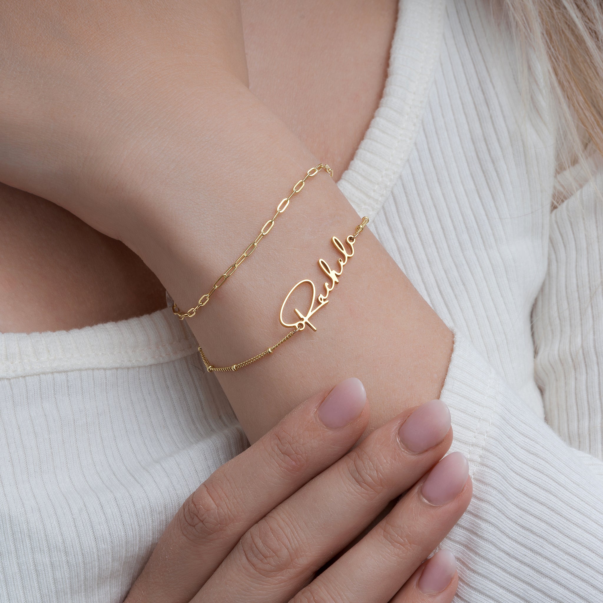 Personalised Name & Paperclip Layered Bracelet Set 18k gold plated jewellery personalised