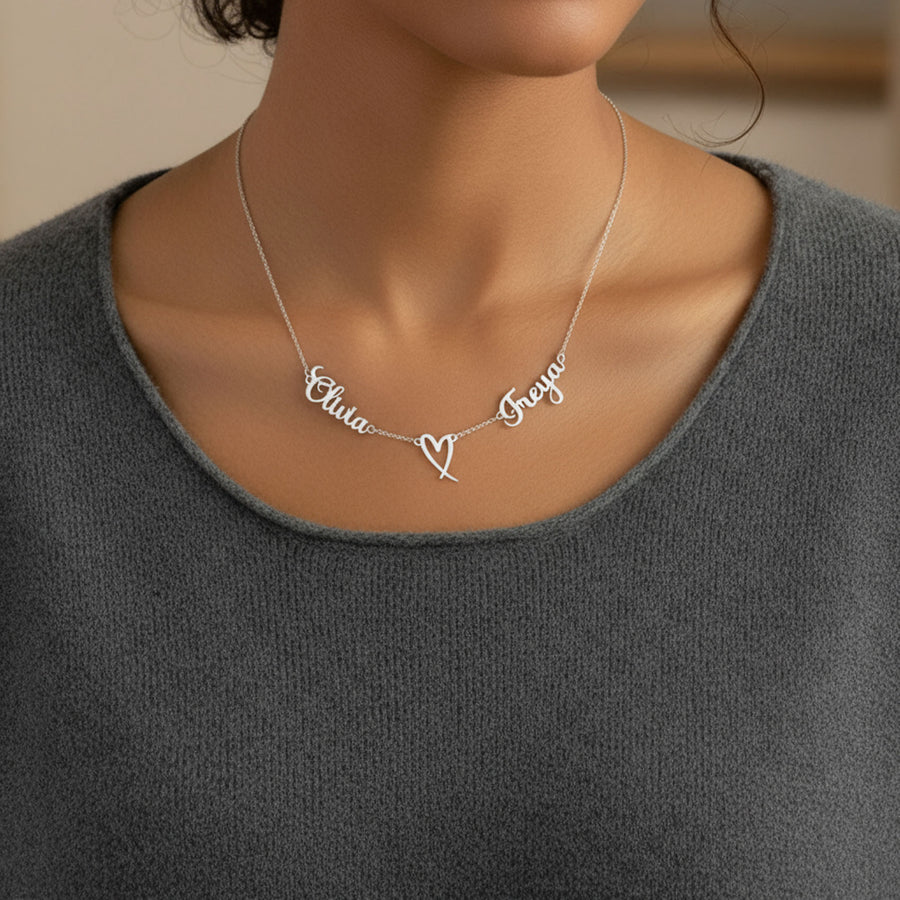 Double Name with Heart Necklace 18k gold plated jewellery Necklaces