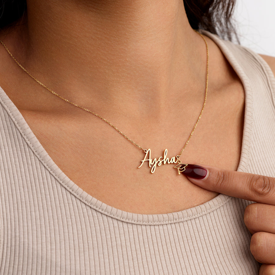 Graduation Name Necklace with Cap Charm 18k gold plated academic college