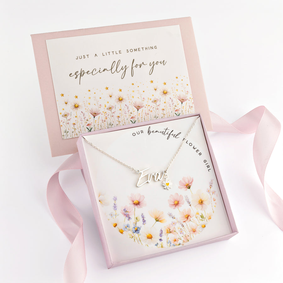 Kids Flower Girl Name Necklace with & Flower Charm children gift box kids