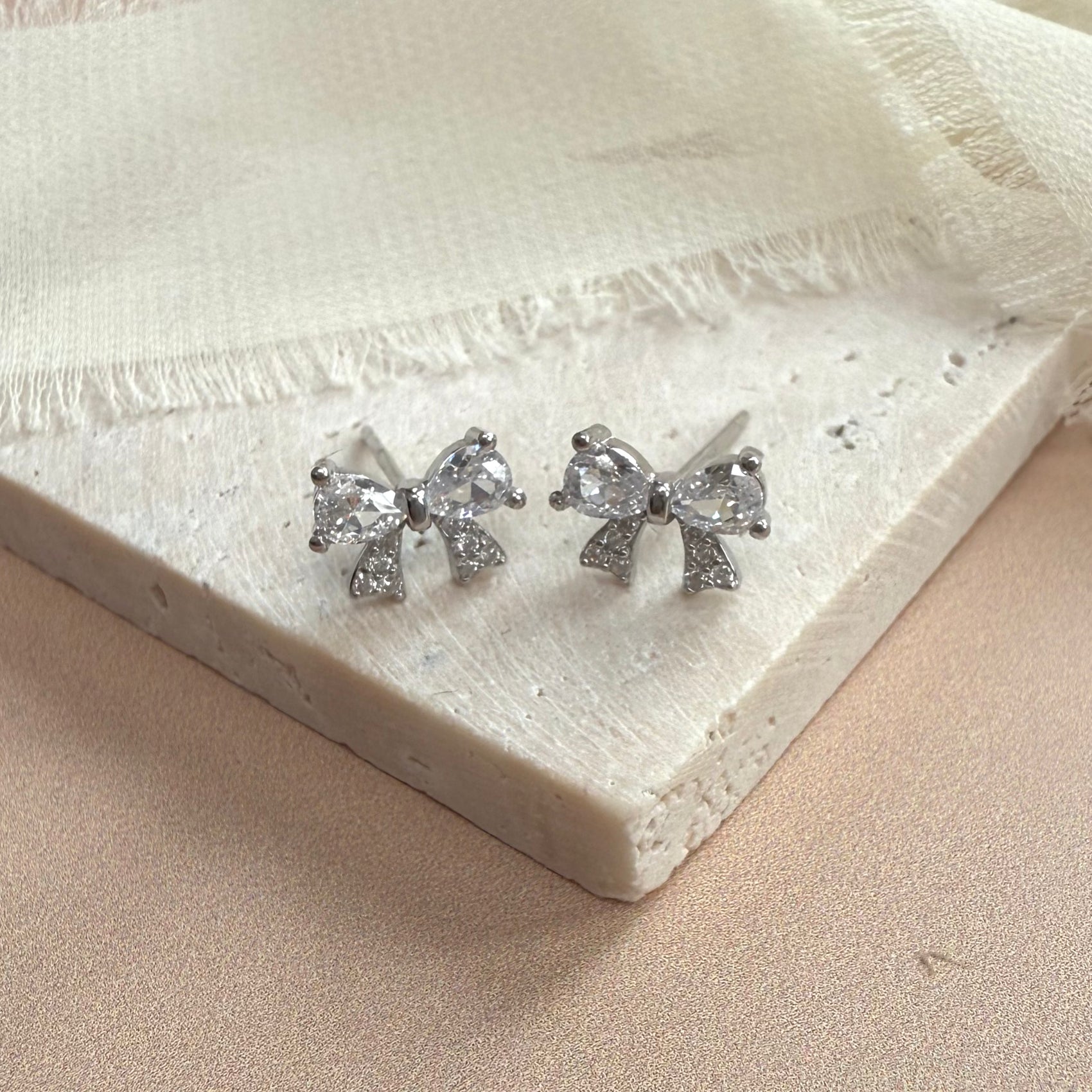 925 Sterling Silver Cubic Zirconia Bow Stud Earrings - HeyBigDay
