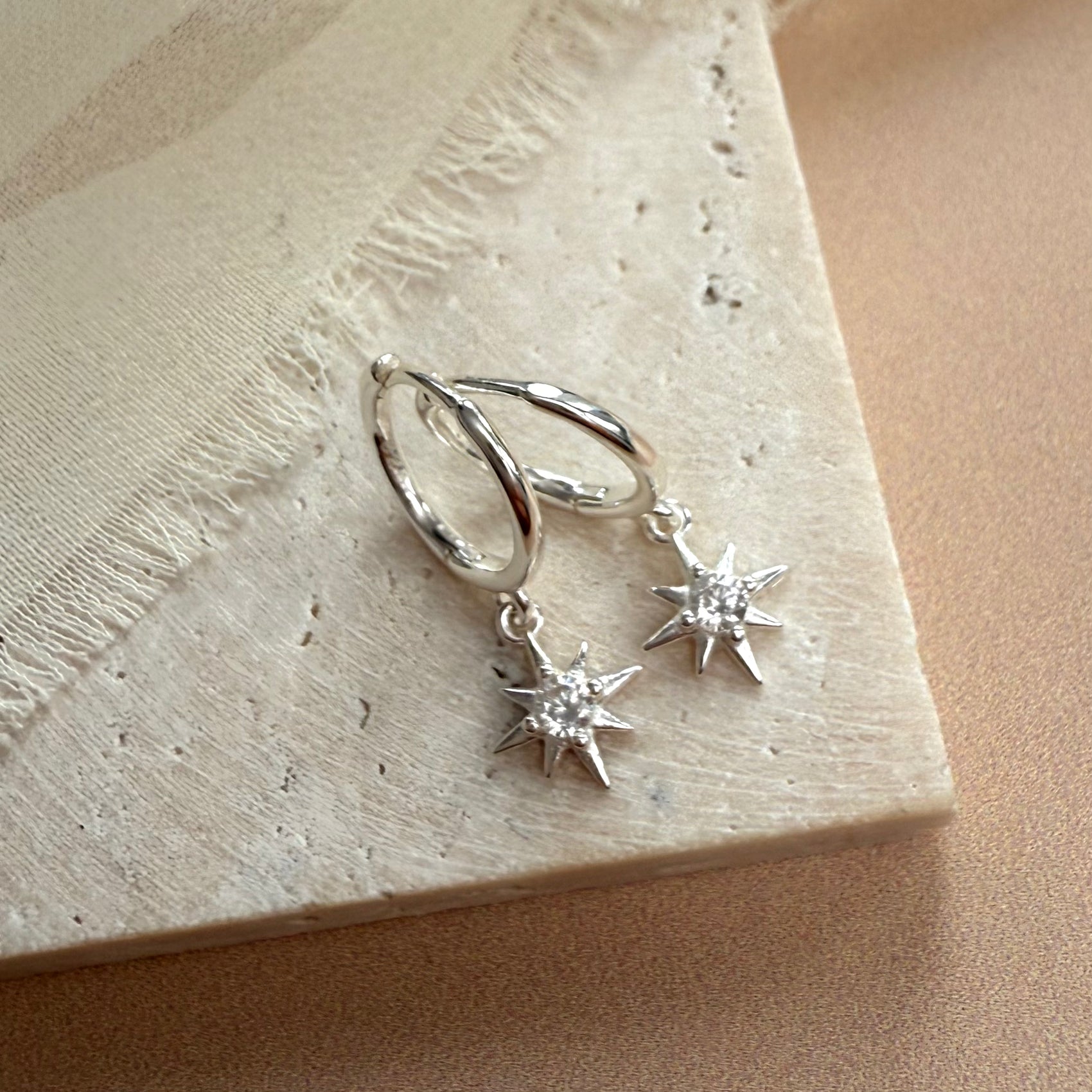 Cubic Zirconia Star on Hinged Huggie Hoop Earrings - HeyBigDay