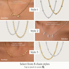Three chain styles for custom necklaces: Satellite chain, Belcher chain, and Anchor chain in gold and silver. Shown with personalised name and initial necklace examples. Choose your chain style when ordering.