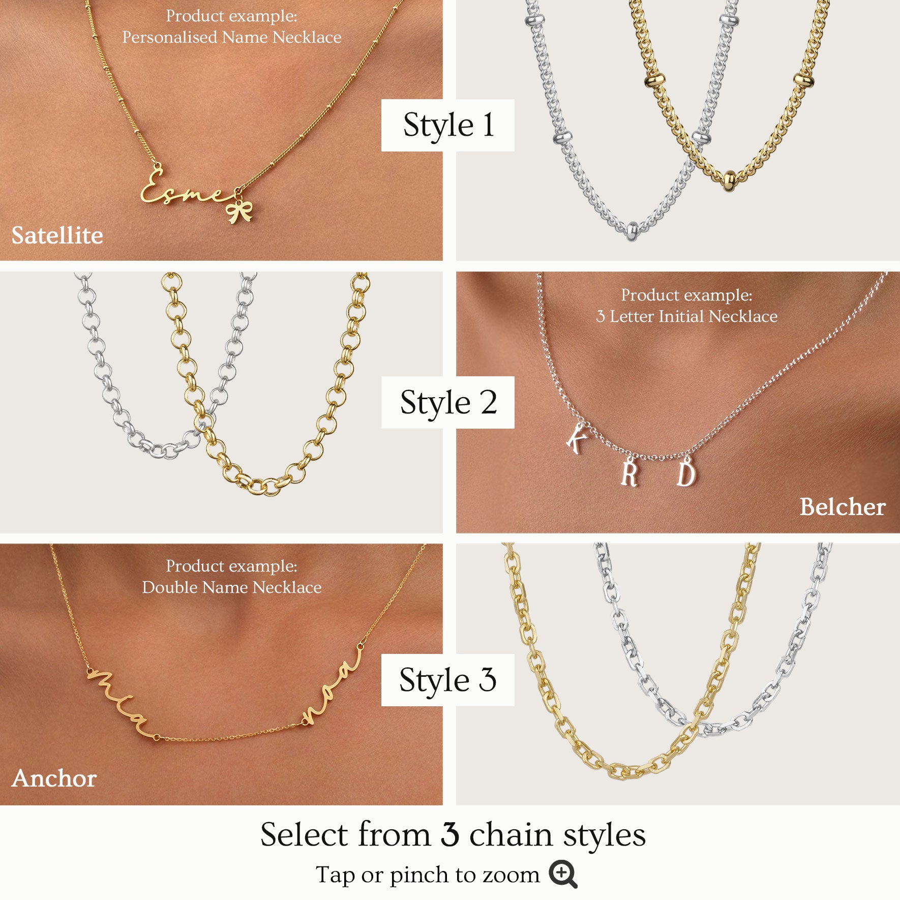 Three chain styles for custom necklaces: Satellite chain, Belcher chain, and Anchor chain in gold and silver. Shown with personalised name and initial necklace examples. Choose your chain style when ordering.
