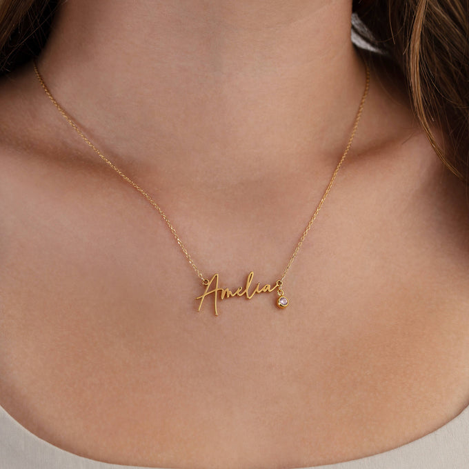 Personalised Name Necklace & Cubic Zirconia Birthstone 18k gold plated Gift gold