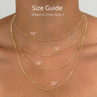 Woman wearing four gold Chain Style 3 necklaces layered at 14", 16", 18", and 20" to show length comparison.