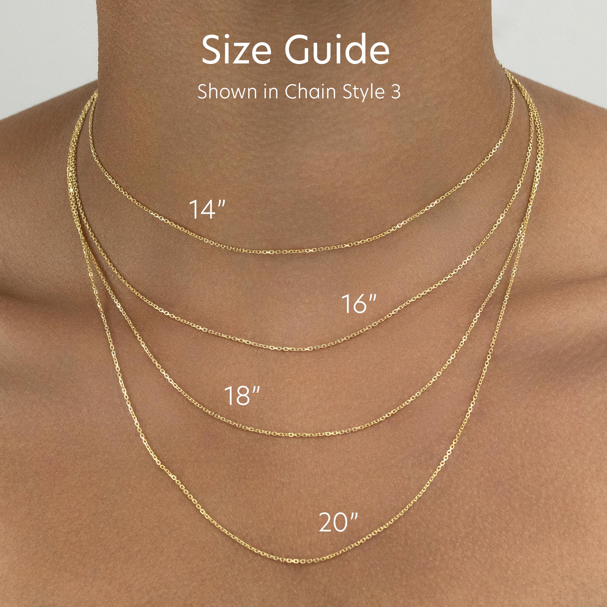 Woman wearing four gold Chain Style 3 necklaces layered at 14", 16", 18", and 20" to show length comparison.
