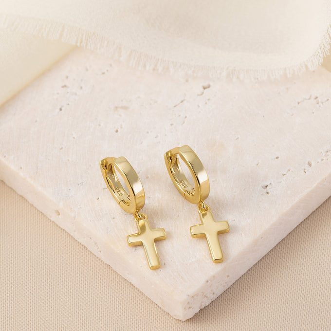 Cross Charm on 10mm Hinged Huggie Hoop Earrings cross earrings stock