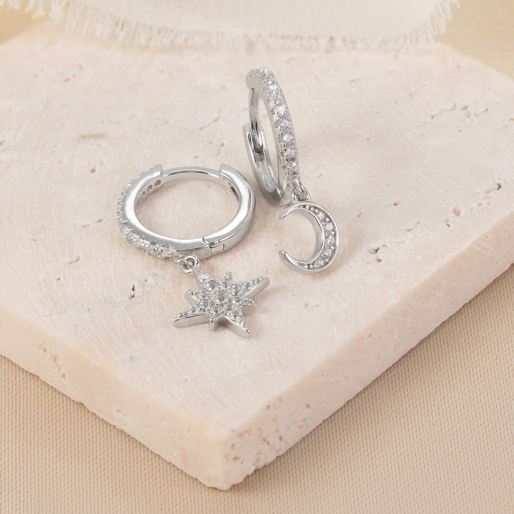 Cubic Zirconia Moon & Star Huggie Hoop Earrings earrings stock