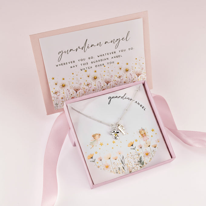 Kids Initial & Guardian Angel Charm Necklace children gift box kids