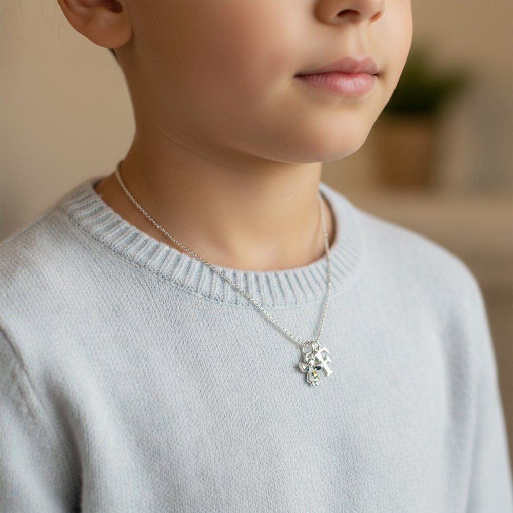 Kids Initial & Guardian Angel Charm Necklace children gift box kids