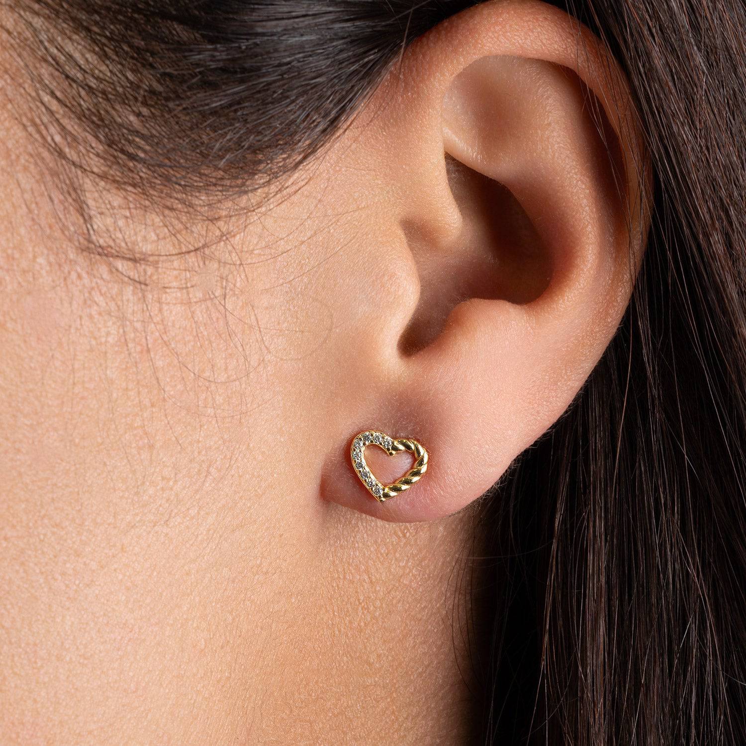 Half Cubic Zirconia Half Twist Open Heart Stud Earrings 18k gold plated earrings Gift
