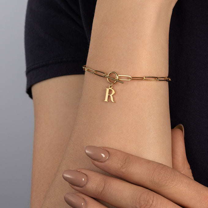Initial Bracelet with Oval Belcher T - bar Chain 18k gold plated jewellery personalised