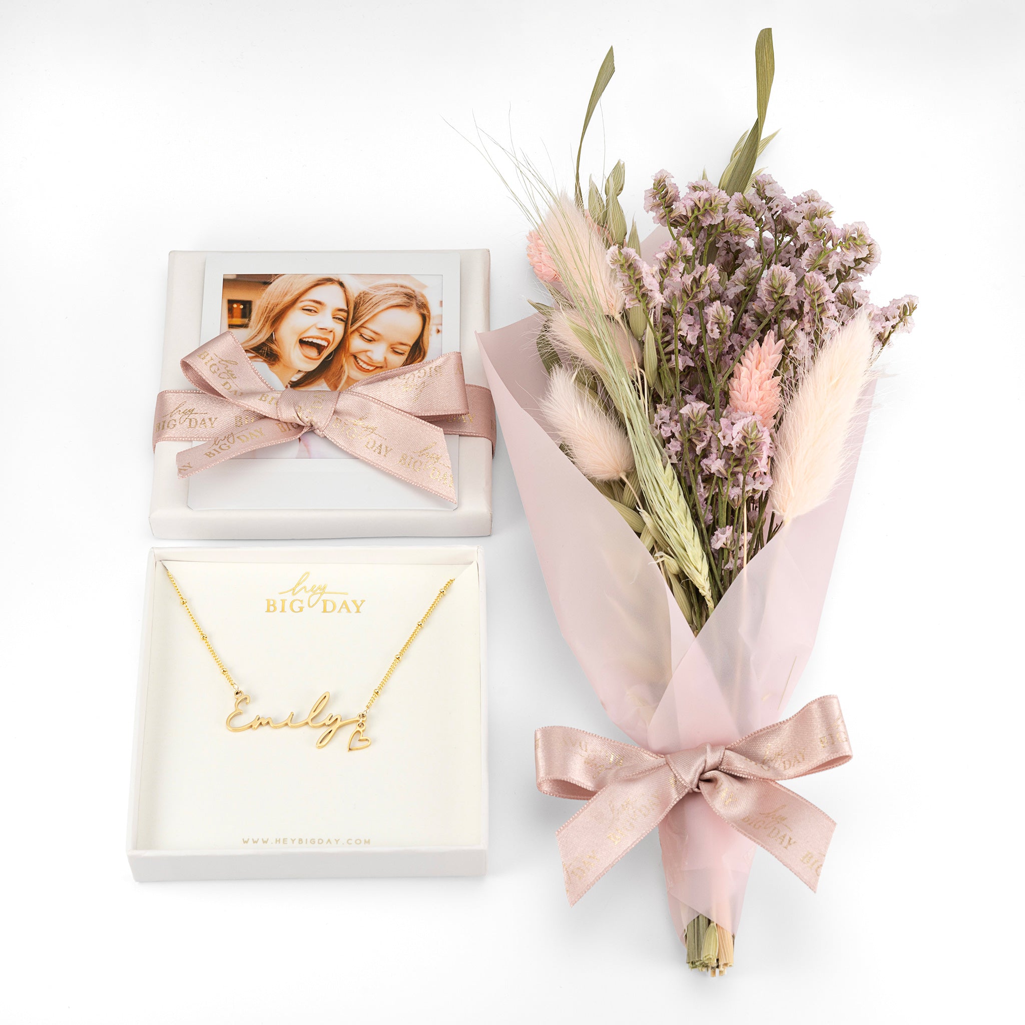 Name Necklace with Mini Dried Flowers & Polaroid Photo Set Gift jewellery personalised