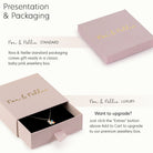 Pink jewelry box with 'Noa & Nellie' branding, showing standard and luxury packaging options.