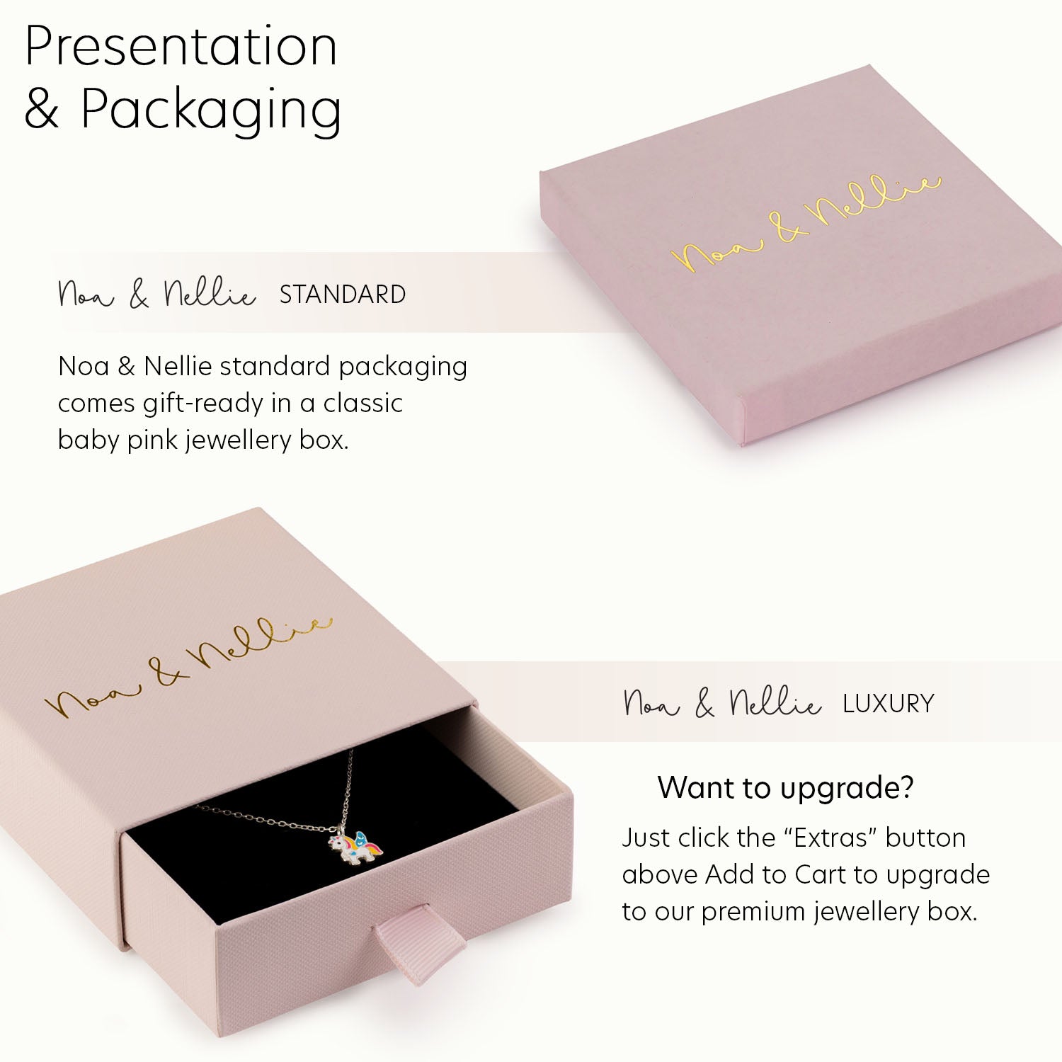 Pink jewelry box with 'Noa & Nellie' branding, showing standard and luxury packaging options.