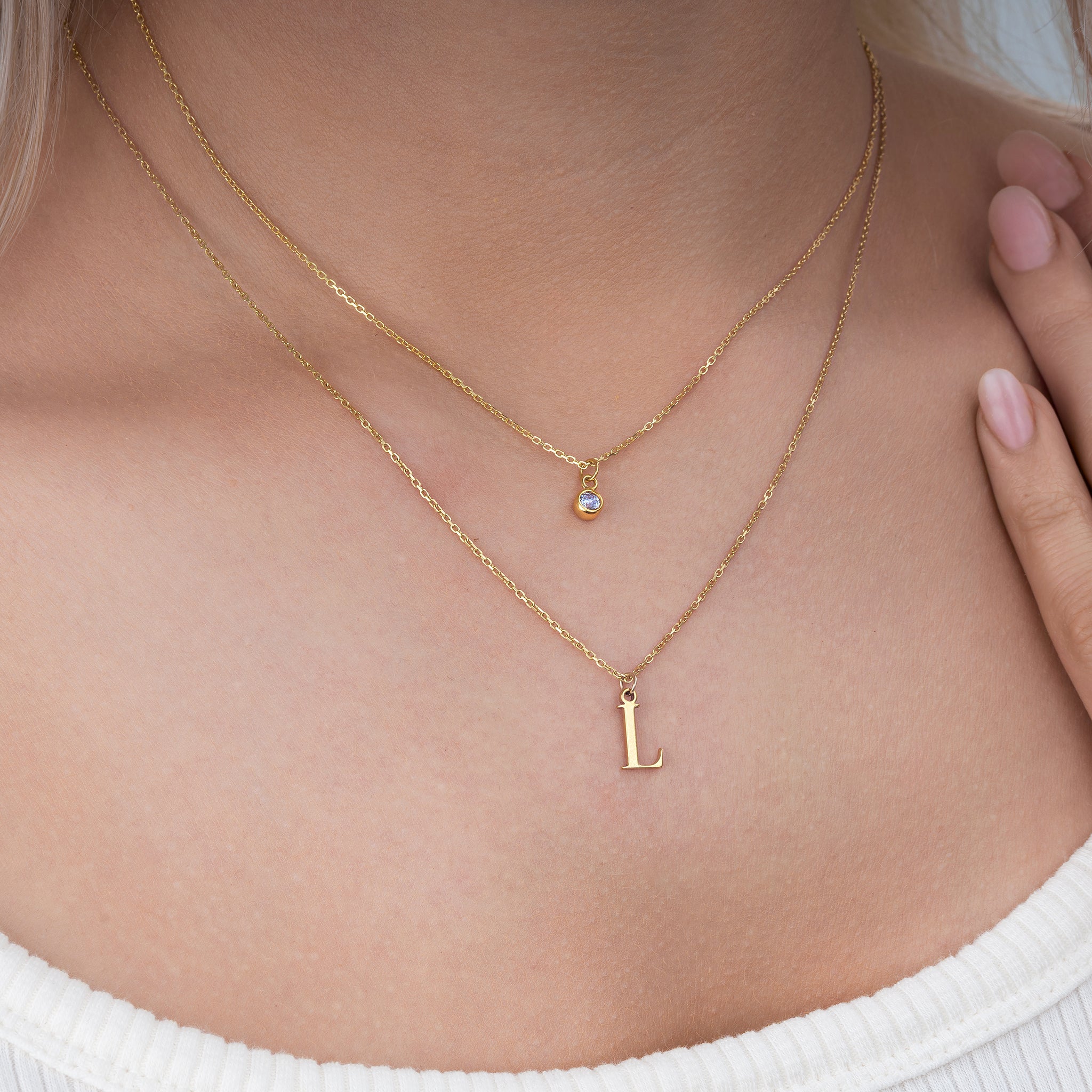 Personalised Birthstone & Initial Necklace Layered Set of 2 18k gold plated jewellery personalised