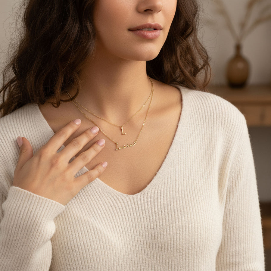 Personalised Name & Initial Necklace Layered Set of 2 Necklaces