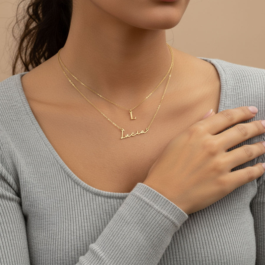 Personalised Name & Initial Necklace Layered Set of 2 Necklaces