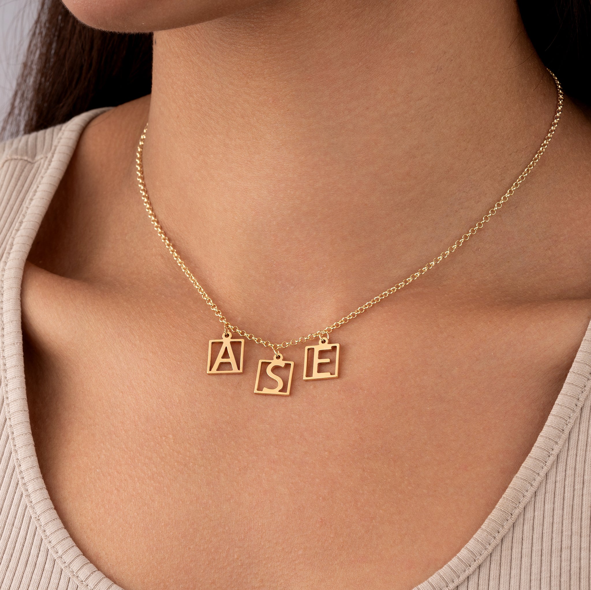 Triple Initial Square Border Necklace 18k gold plated jewellery