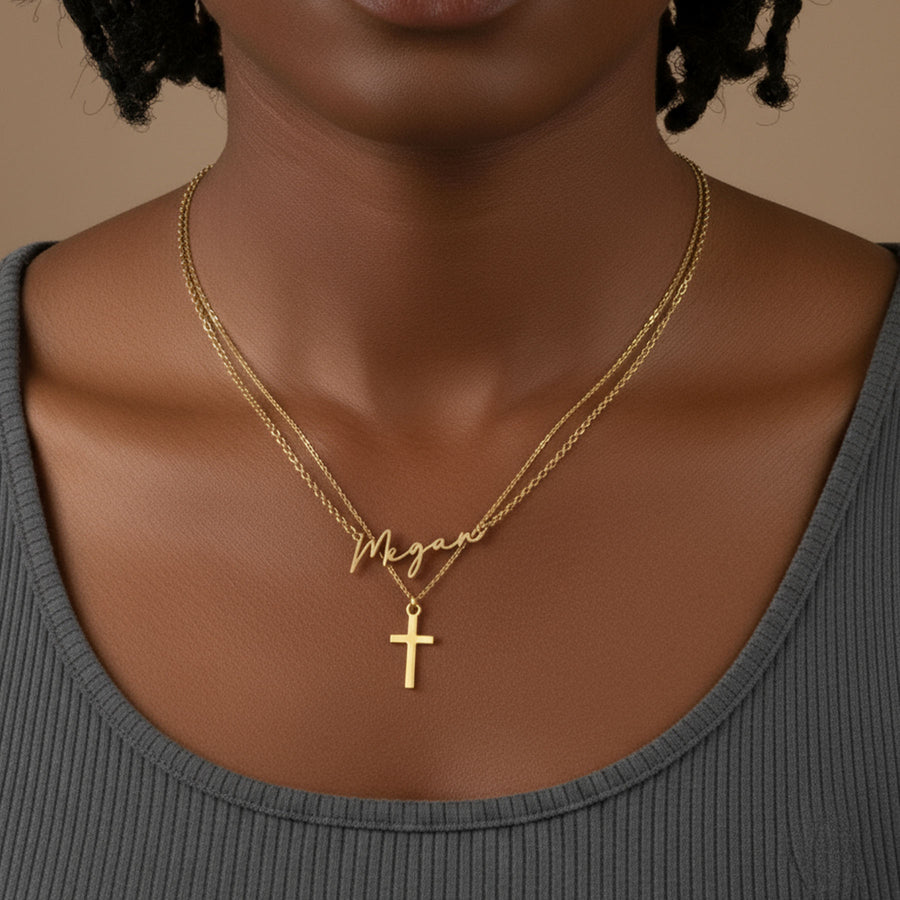 Personalised Name & Cross Layered Necklaces Set 18k gold plated cross gold