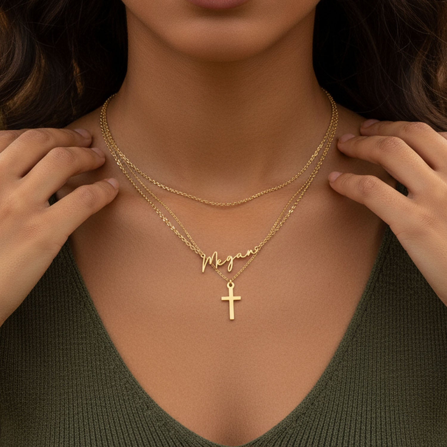 Personalised Name & Cross Layered Necklaces Set 18k gold plated cross gold