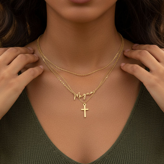 Personalised Name & Cross Layered Necklaces Set 18k gold plated cross gold